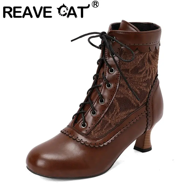 REAVE CAT Elegant Female Ankle Boots Round Toe Strange Heels 5.5cm Lace Up  Plus Size 46 47 49 50 Retro Office Lady Bota