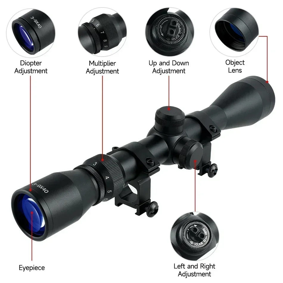 Tactical 3-9x40 Hunting Scope Adjustable Reflex Optical Sight Shooting Training RifleScope Accessory for 11mm/20mm Rail Mount