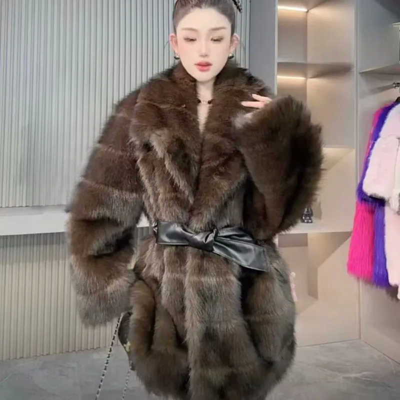 Women’s Wear New Winter Thickened Coat High-end Fashionable Slimming and Waist-cinching Mid-length Faux Fur Simple and Warm Coat