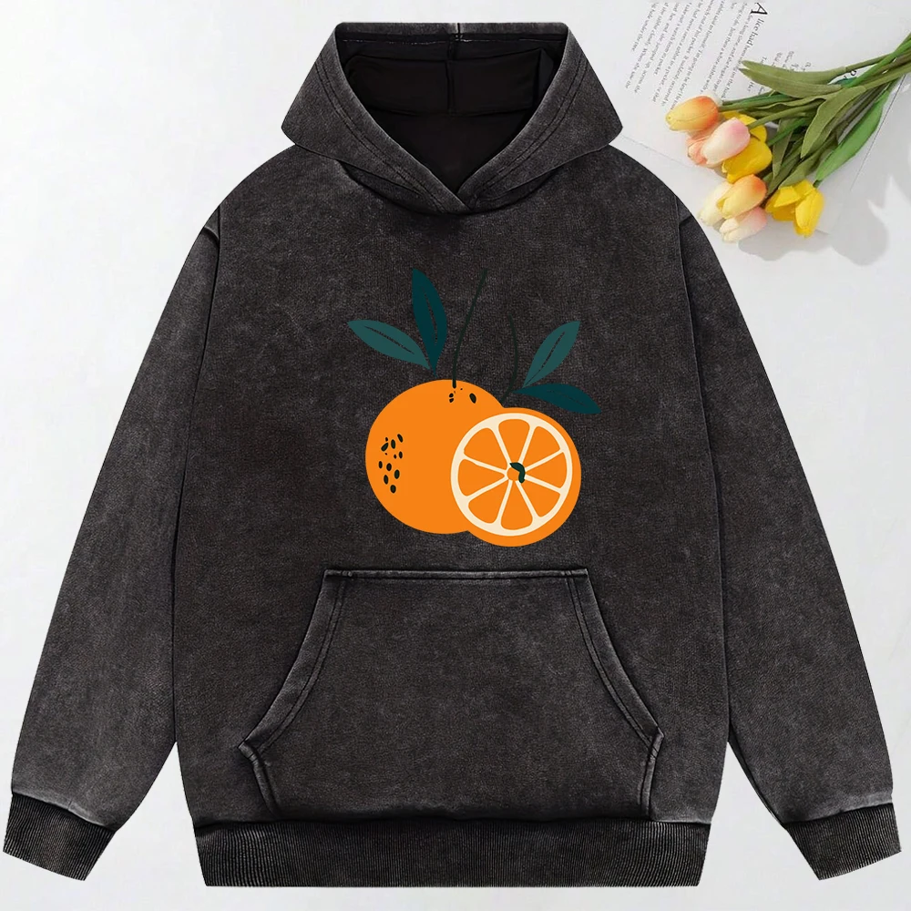 Delicious Orange Pattern  Print Women Snow Wash Hoodies Fashion Oversize Top Casual Pocket Sportswears All-Match Cotton Hoody