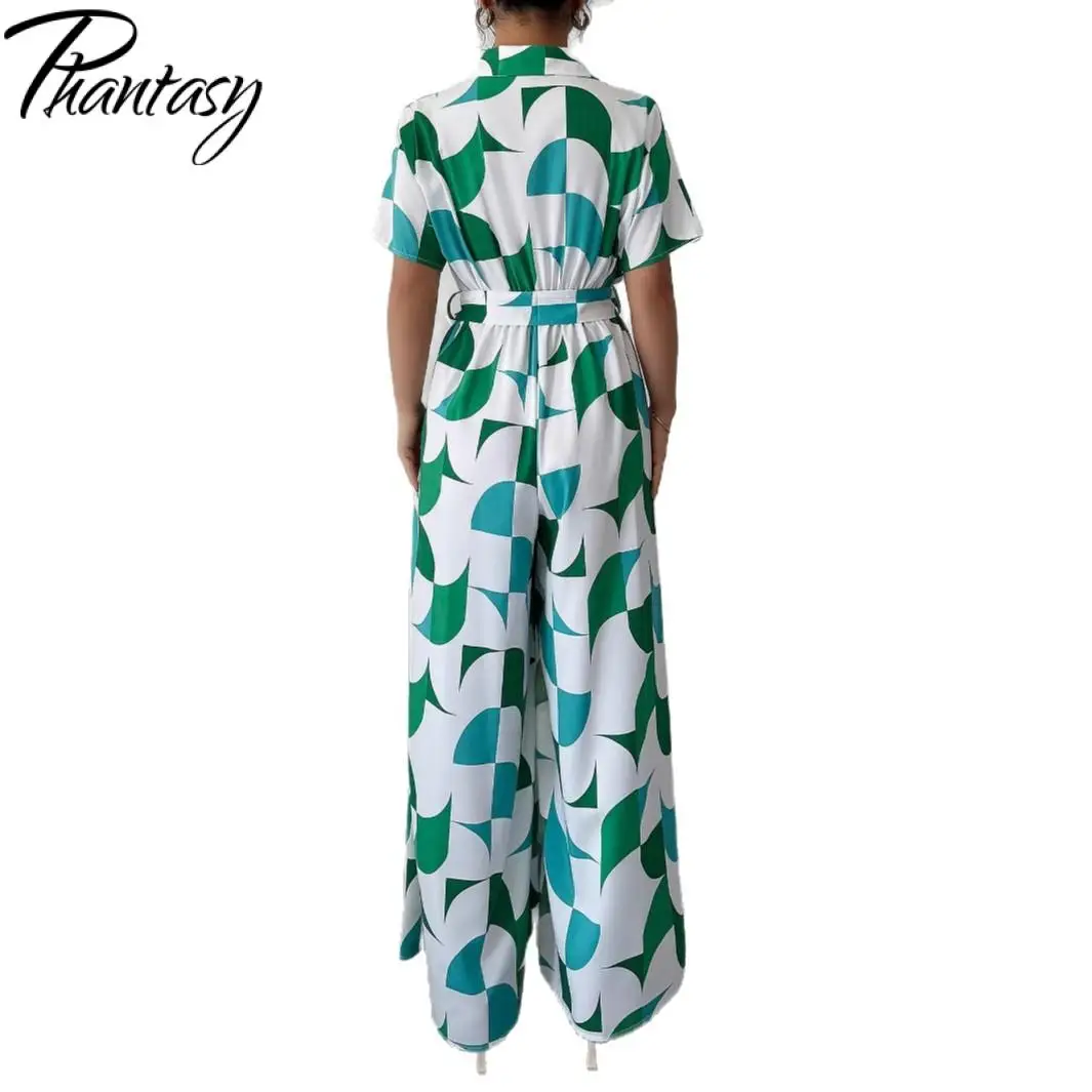 Fantasma elegante manga curta turn-down colarinho topos casual impressão de manga curta cintura alta perna larga macacão calças 2025 verão