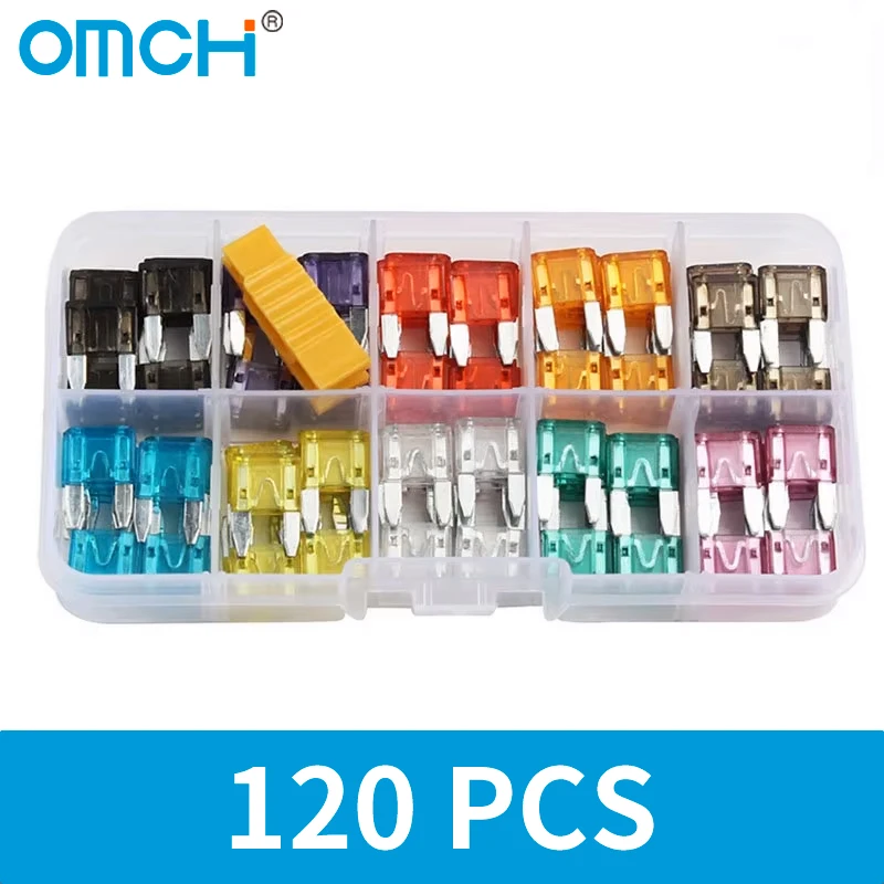 OMCH 120PCS Mixed Mini Size Blade Type Car Fuse Assortment 2A/3A/5A/7.5A/10A/15A/20A/25A/30A/35A Fuse with Box Clip