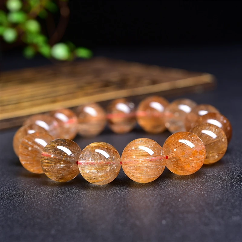 16MM Natural Red Rutilated Quartz Bracelet Healing Crystal Beads Elastic Charm Bracelets for Women Energy Jewelry Gift 1PCS