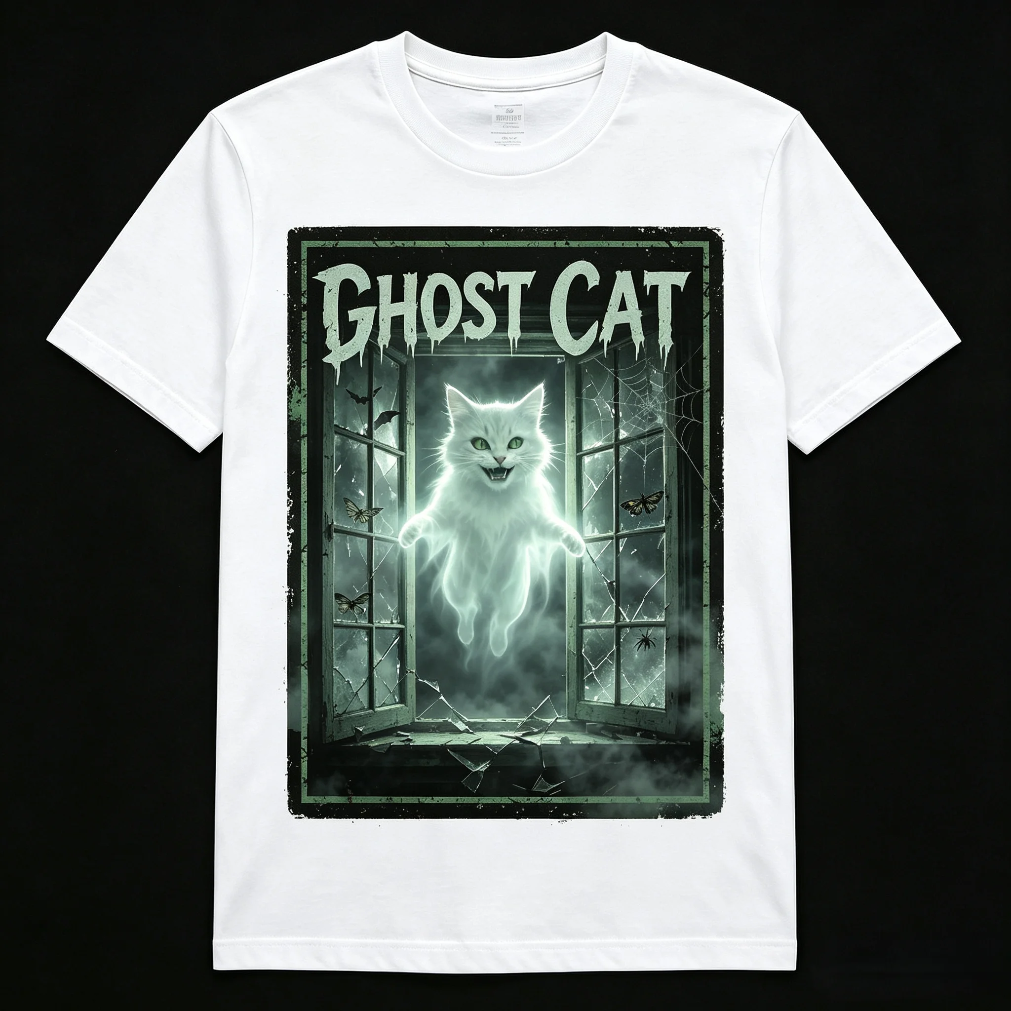 Unisex Men Women Oversized T‑Shirt Ghost Cat Retro Horror Poster Print Glowing Spirit Cat Broken Window Bat Moth Spider Web Gothic Spooky Halloween Tees Casual Loose Short‑Sleeve Streetwear Cotton Tshirt