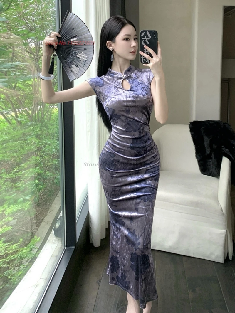 

Китайское сексуальное Ципао 2021, традиционное бархатное Ципао с цветочным принтом, ретро вечернее платье, сексуальное платье Cheongsam для ночного клуба, банкетное вечернее платье