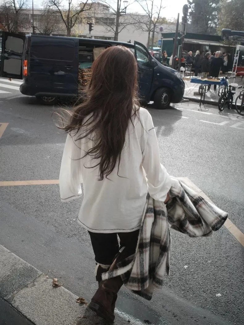 Frühling Neue Lose Lange Sve runde Ne Farbe Blo T-shirt frauen Bequeme Baumwolle Polyester Feuchtigkeit ng Pendeln Sle