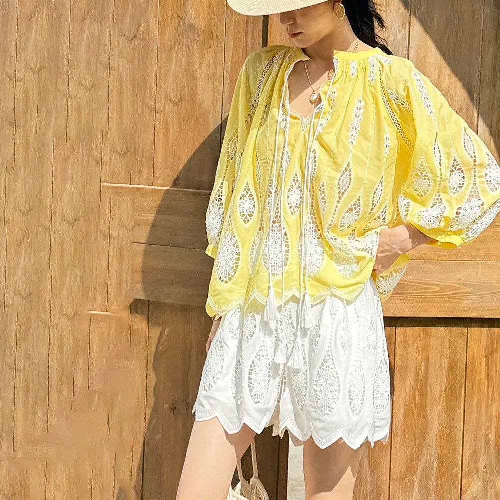 JHJN Frans chic damesoverhemd Vintage borduurblouse Boho blauw geel Lange mouw Kanten holle blouses Casual los overshirt