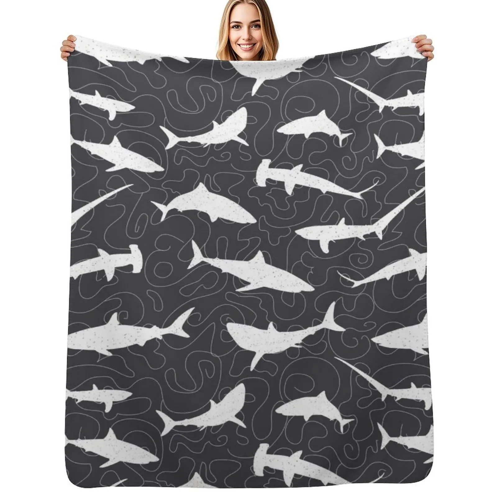 

Shark Frenzy Pattern on Charcoal Grey Throw Blanket Warm Napping Blanket for Office Couch Bed