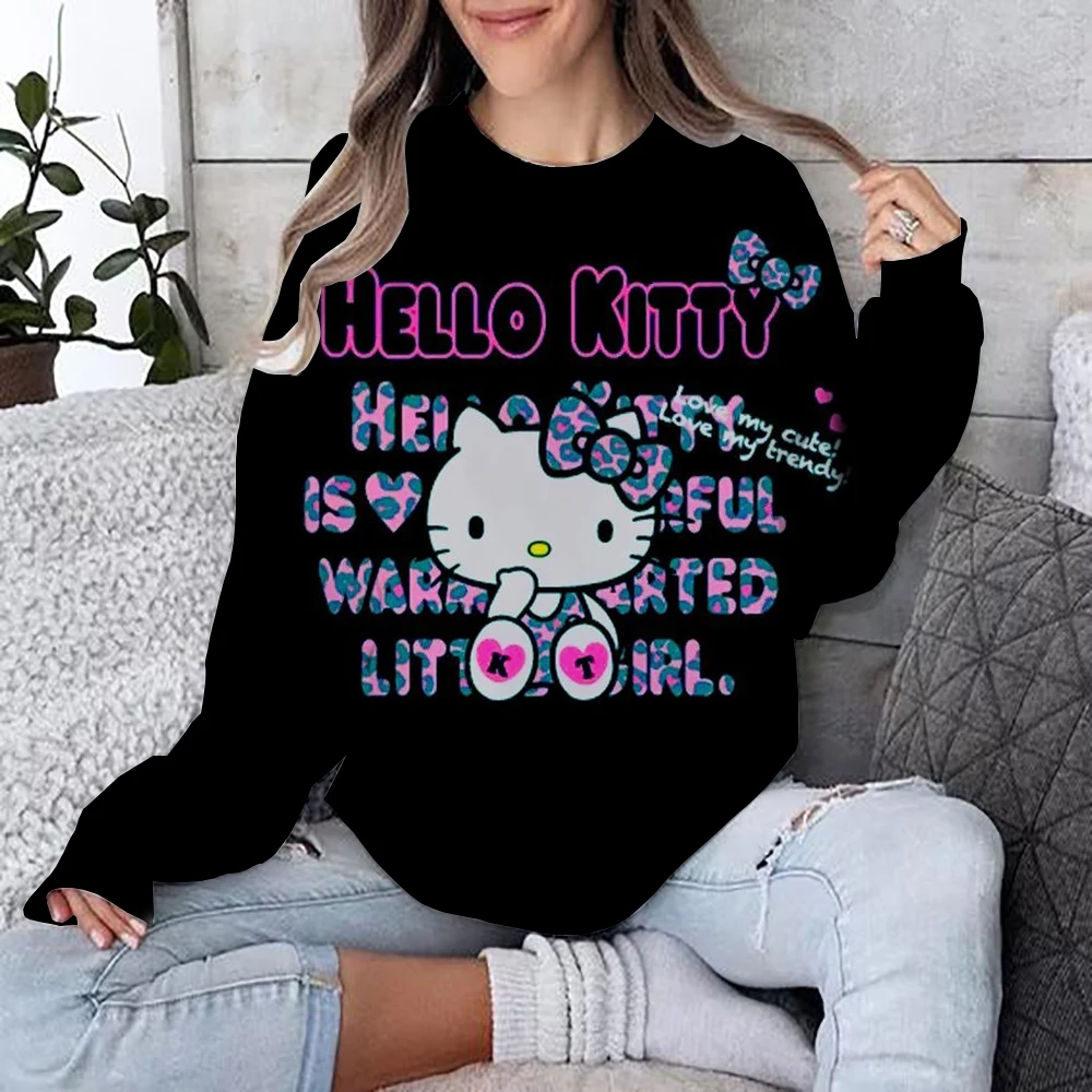 Autumn Fun Print Long Sleeve Top 2024 New Cartoon Disney Cute Hello Kitty Ladies Sweatshirt Crew Neck Loose Pullover