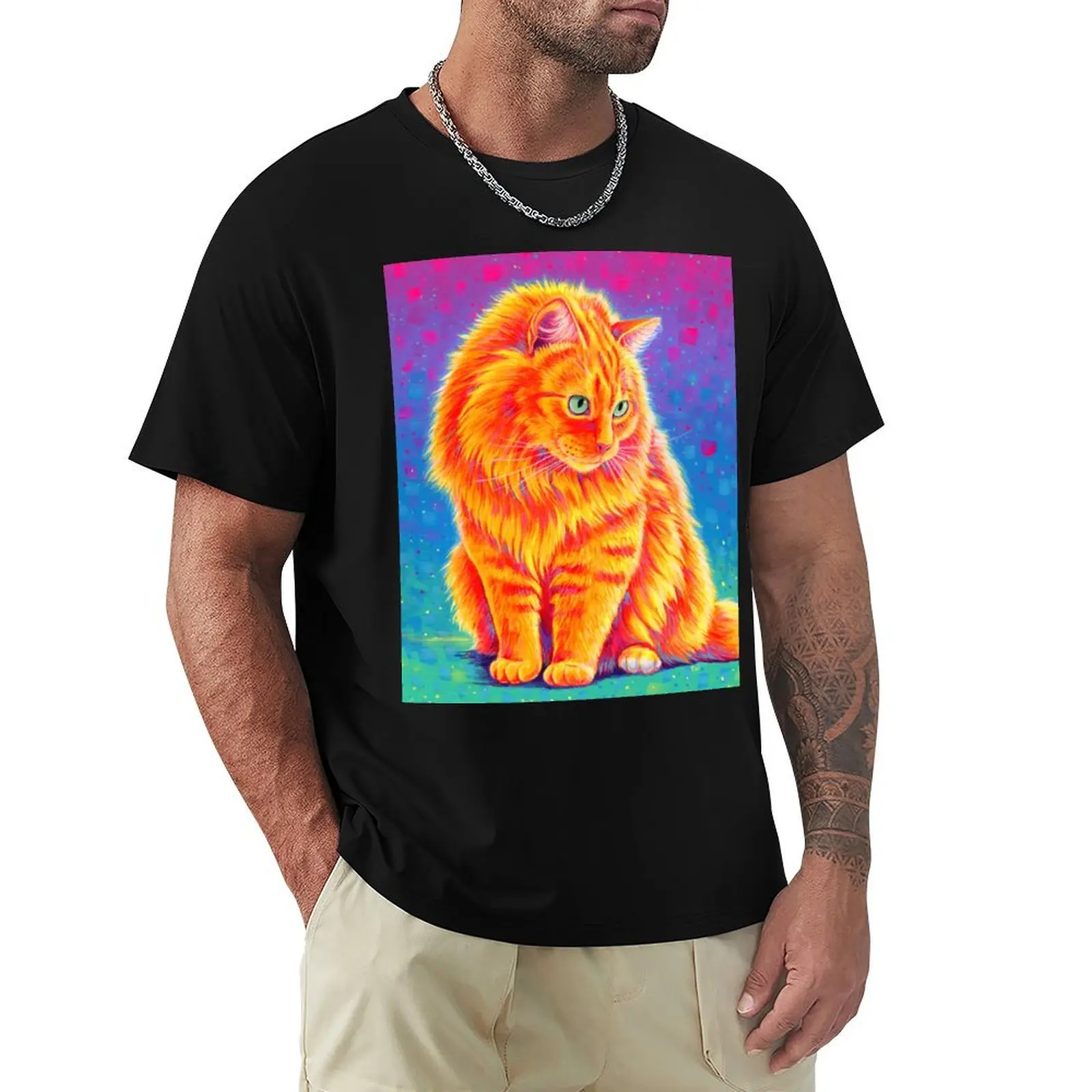 Psychedelic Rainbow Longhaired Orange Tabby Cat T-Shirt Stretch Fabric Comfort T-Shirt