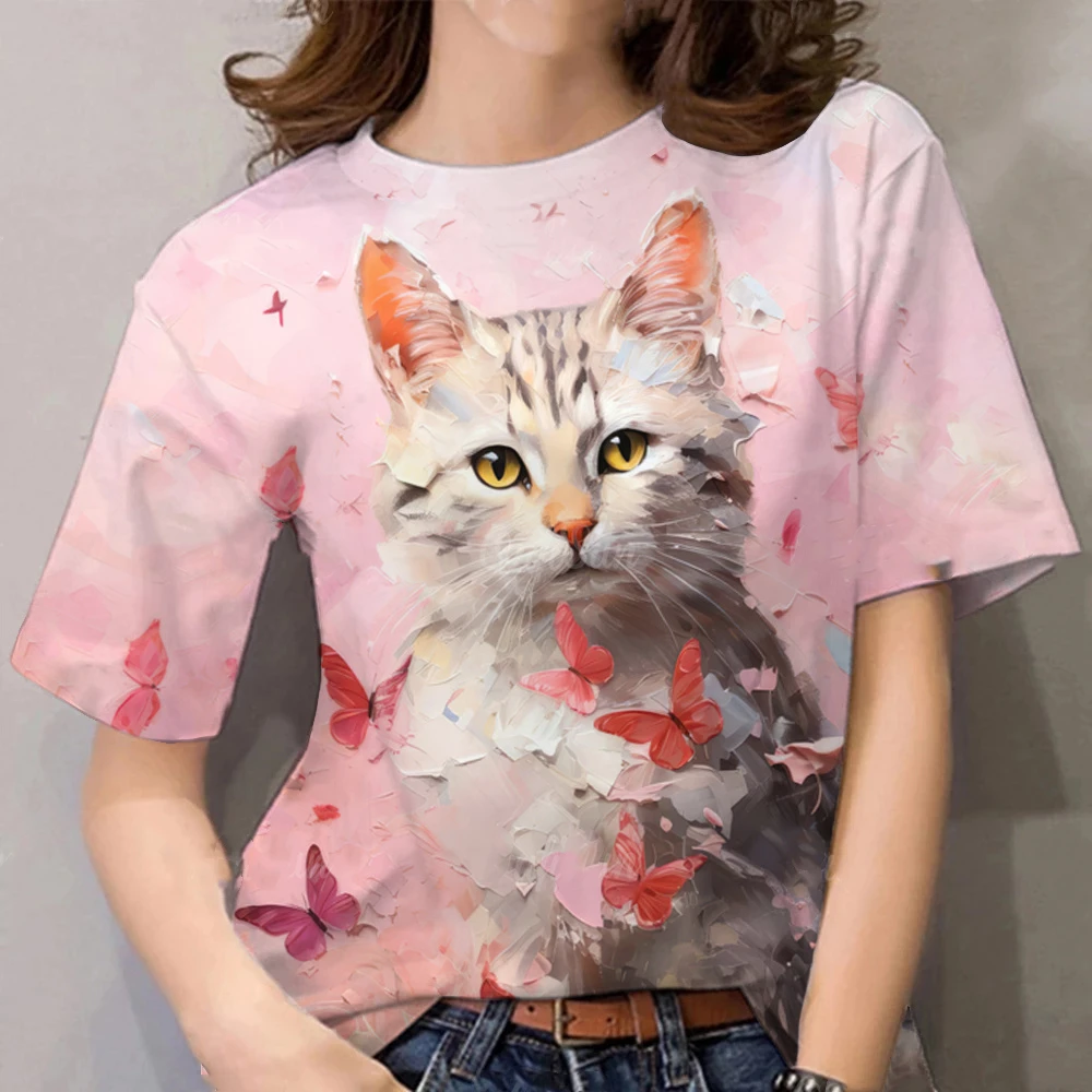 Fashion Cute Cat T-Shirts Animal 3D Print Women Casual O-Neck Short Sleeves T Shirt Street Y2k Harajuku Tees Top Female Clothing