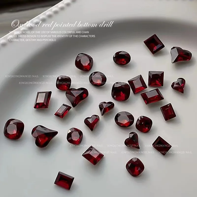 50/100Pcs Nail drill bright red and shiny multi section axe octagonal fat square shiny K9 rhinestone used for nail accessories