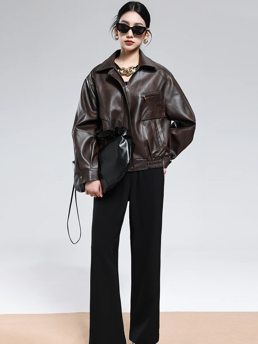 Lautaro 秋クールなハンサムショートハードディストレストブラウン Pu レザージャケット女性ジッパー高級デザイナーアメリカンレトロ服