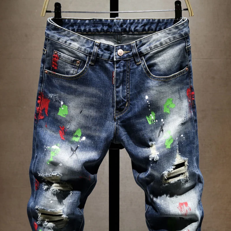 Street Designer Fashion Men Jeans Retro Blue Stretch Slim Fit Painted Ripped Jeans Men Hip Hop Vintage Y2K Denim Pants Hombre