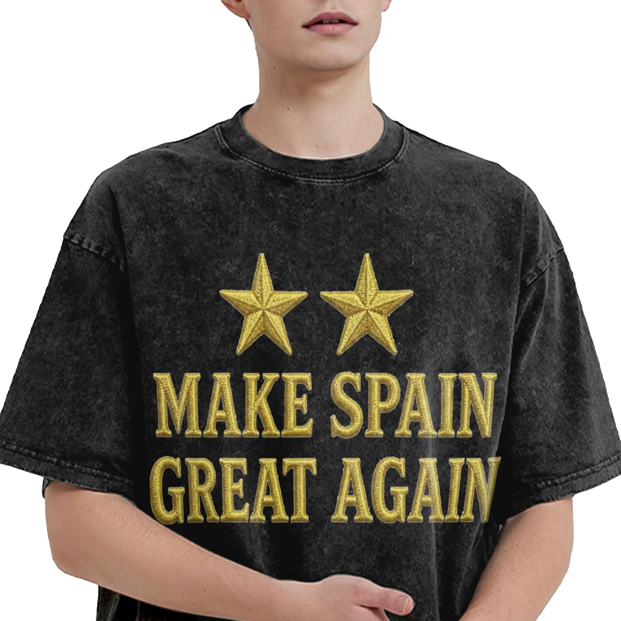 MAKE SPAIN GREAT AGAIN TWO STARS Vintage Washed T Shirt Men's 100%Cotton Tops Printed  Round Neck Short Sleeve