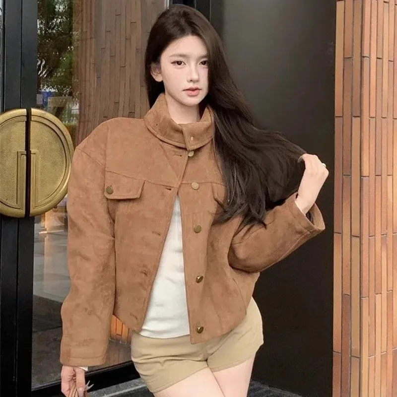 

Korean Feminine Long Sleeves Tops Outwear Women Fashion Patchwork Loose Suede Coat Spring Autumn Ladies Solid Color Short Jacket