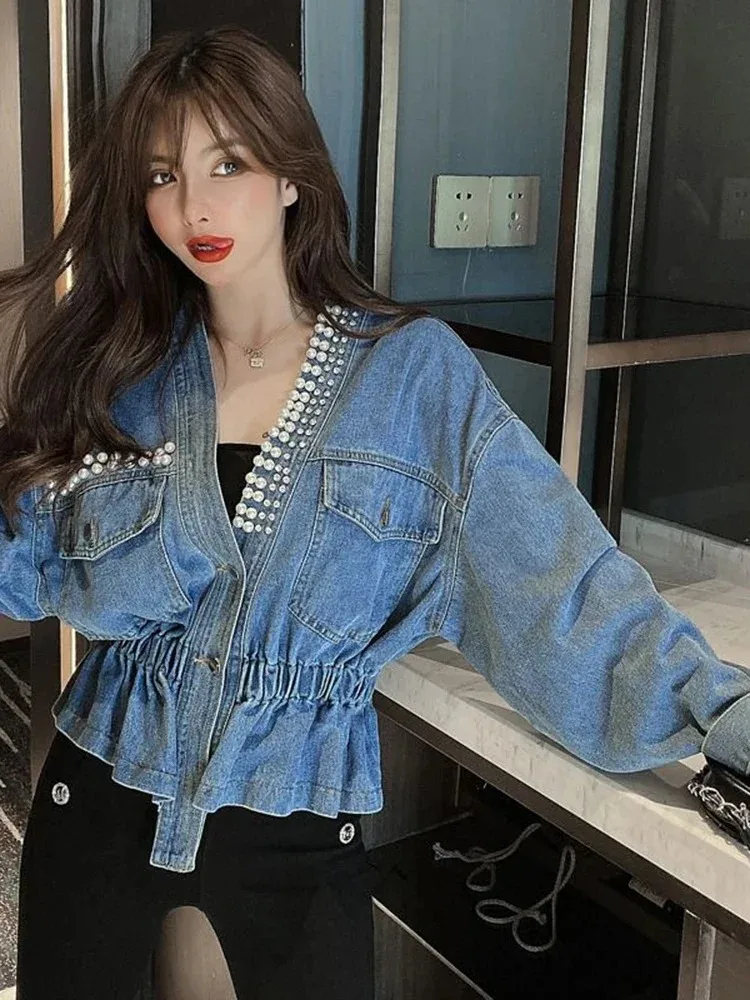Fall 2026 New Retro Denim Jacket Coat Female Temperament V-neck Single-breasted Beaded Waist Slim Jacket Top KK1333