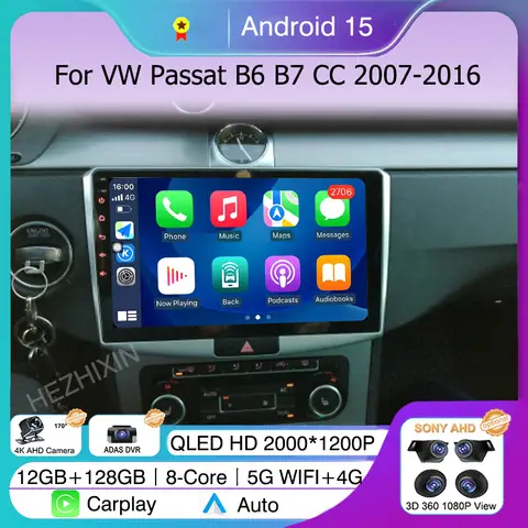 폭스바겐 VW 파사트 B6 B7 CC 마고탄 2007-2015용 카플레이 오토 카 라디오 안드로이드 15 멀티미디어 플레이어 내비게이션 GPS 4G+WIFI