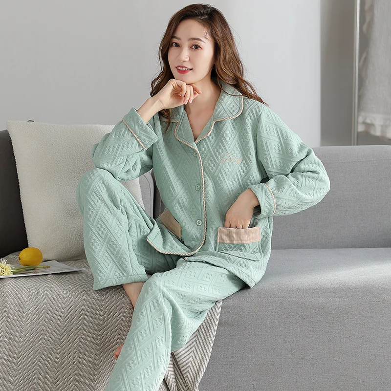 Warm Female Pajamas Three-Layer Quilted Autumn Winter Sleepwear Set Thicken Air Cotton Casual Women Home Clothes Cardigan Pijama