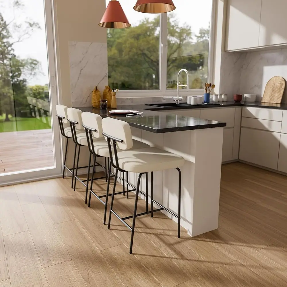 Bar Stools Set o 4, Kitchen Counter stools with Backs and Metal Legs, 26 inch Barstools or Counter Height, abric in White - view 3
