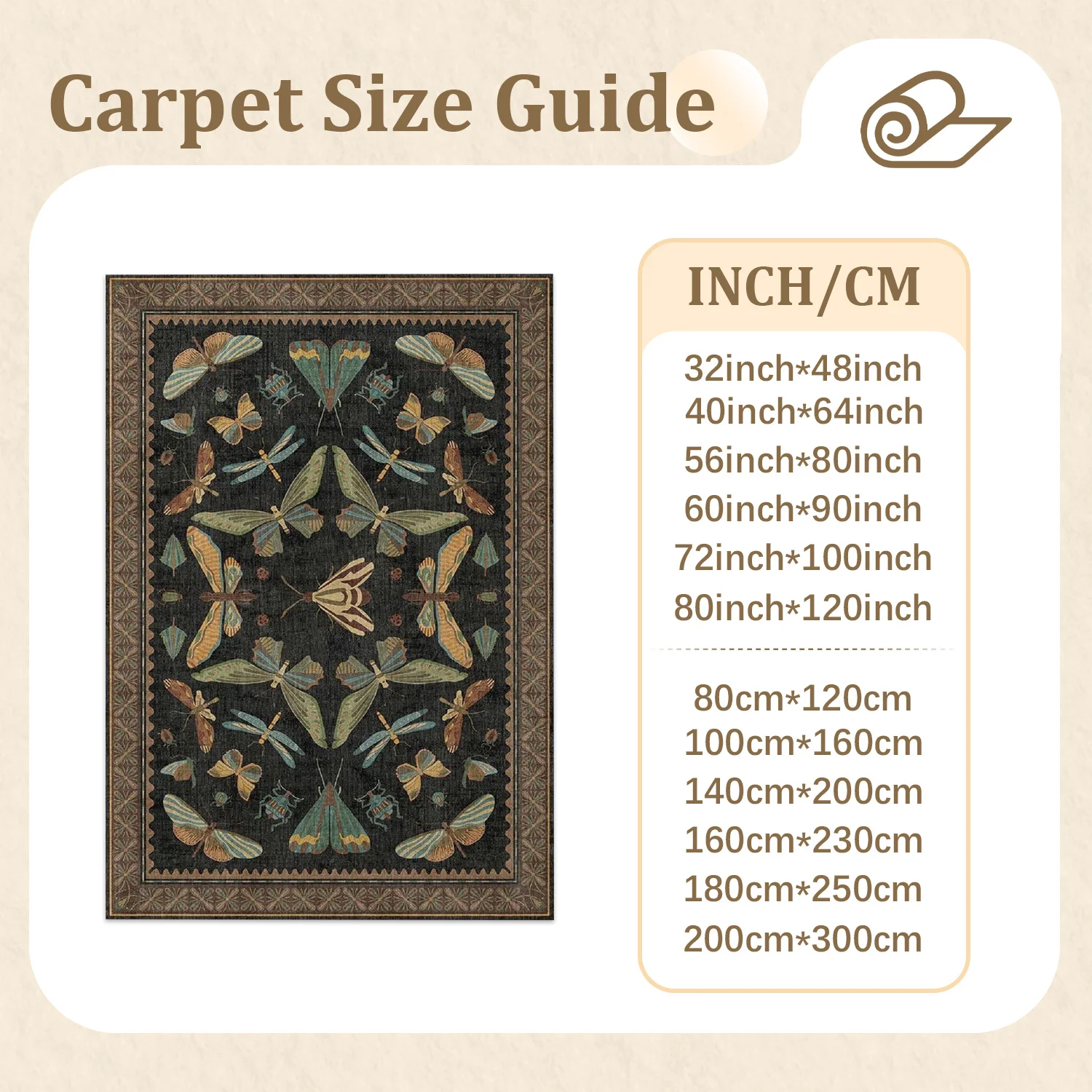 Large Indoor Area Rug, Soft Velvet Low Pile Floor Rug with Non-slip Dotted Backing, Machine Washable Vintage Moth & Butterfly Pattern Rug for Living Room Bedroom Home Decor