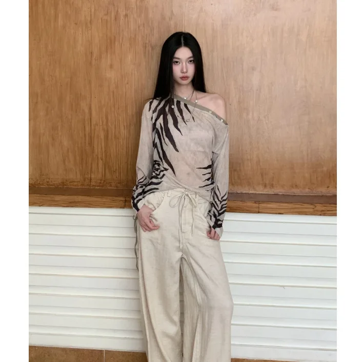 

Asymmetric Slanted-collar Sheer Sun-protective Cover-up One-shoulder T-shirt Niche Shirts And Blouses Autumn Women's Clothing