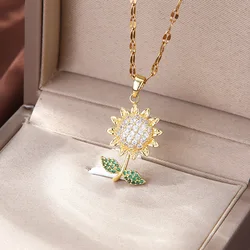 Elegant Small Fresh Daisy Sunflower Flower Copper Pendant Necklace for Women Fashion Stainless Steel Chain Romantic Love Gift