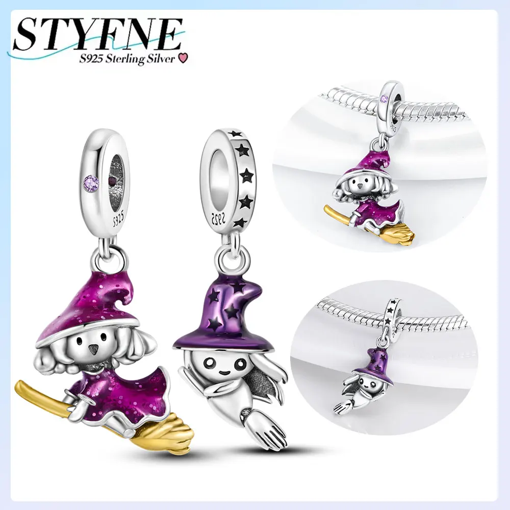 925er Silber vergoldet, Original-Charms, Zauberer, lila, magischer Hut, Besen, Halloween-Perlen, passend für Armbänder, Damenschmuck, Geschenk