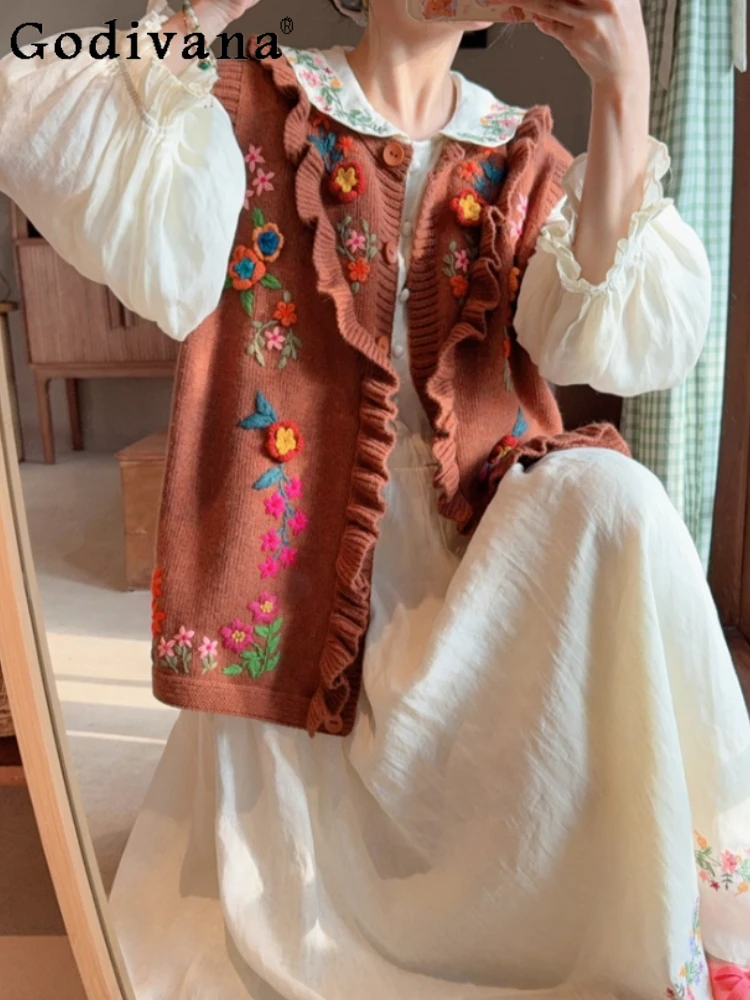 

Autumn Winter Ethnic Style Handmade Embroidered Sweater Vest Fashion Versatile Age Reduction Loose Sleeveless Wool Knitted Vest