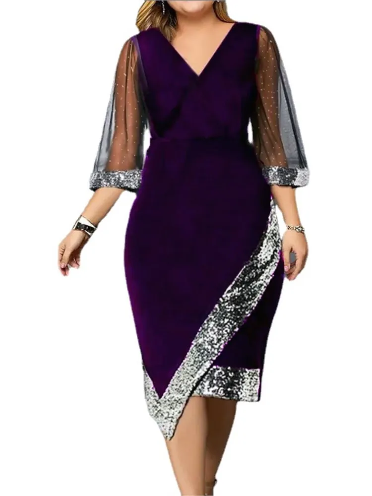 Spring Summer Women\'s Clothing New Fashion Gold Velvet Irregular Sequin See Through Mesh Women\'s Five Quarter Sleeve Dress