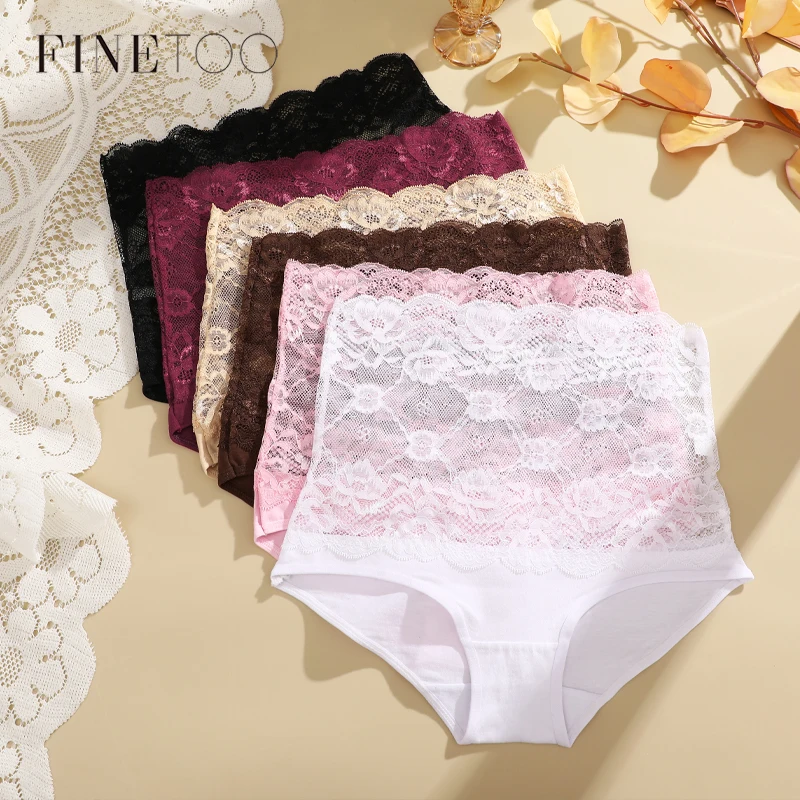 FINETOO Cotton High Waist Underwear Sexy Lace Patchwork Panties Women's Solid Breathable Briefs Female Hollow Out Lingerie S-XXL