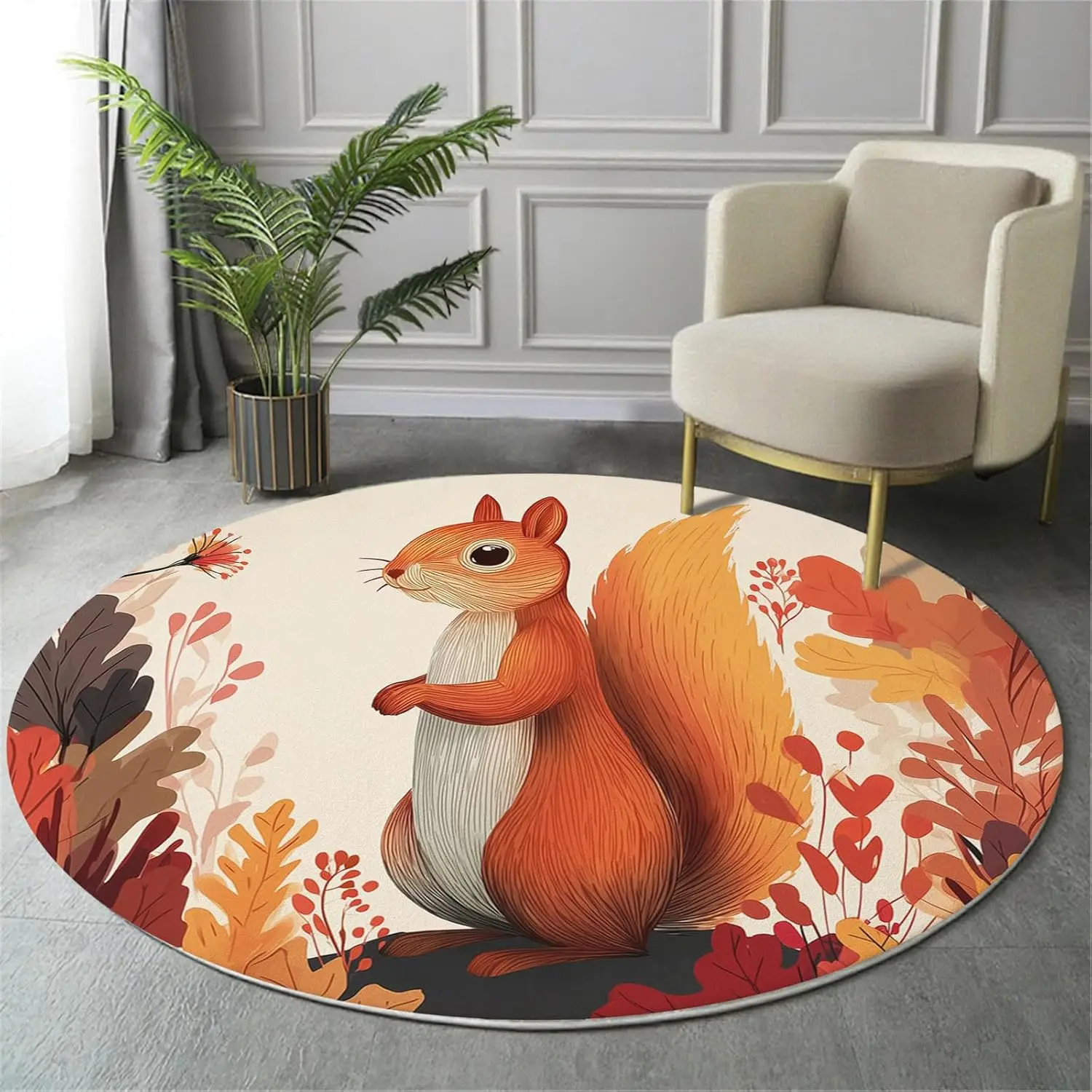 

Cartoon Illustration Round Rug Washable Bedroom Round Area Rugs for EntrywayCute Animal Squirrel Non-Slip Foyer Throw Mat Carpet