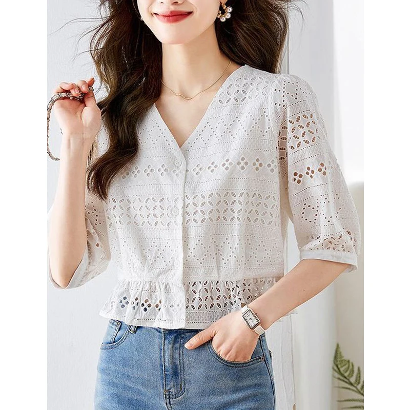 New Women Hollow Lace Embroidery White Elegant Cotton Shirts Summer Trendy Ruffle V Neck Slim Chic Blouses Blusa Mujer Moda 2023