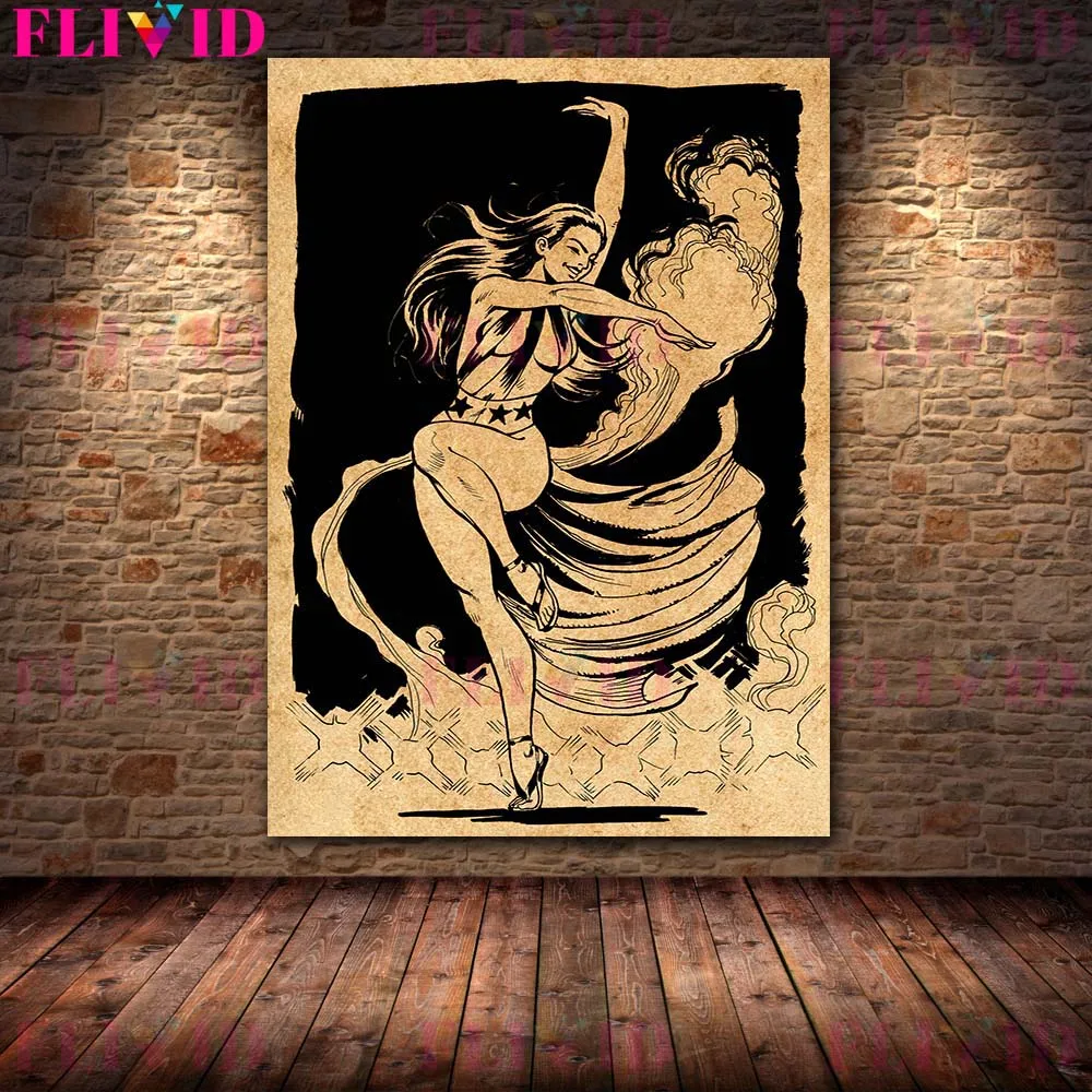 Attacking Witch And Witch Knight Retro Wall Art Canvas Painting Witch Dance Vintage Poster Prints Witchcraft Element Home Decor