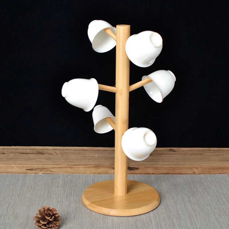 1Pcs Bamboo Mug Hanging Display Rack Drinkware Shelf With 6 Hooks Tree Shape Wood Coffee Tea Cup Storage Holder Stand