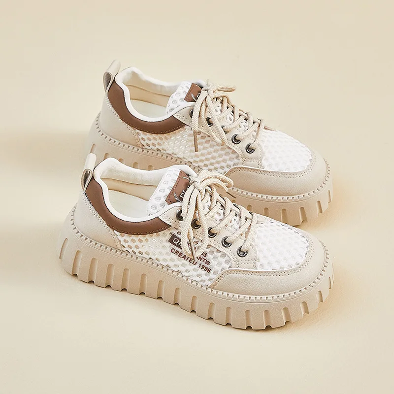 2026 Women's Fashion Mesh Sneakers Summer Breathable Thick Sole Casual Shoes Female New Lace Designer Board Shoes Woman