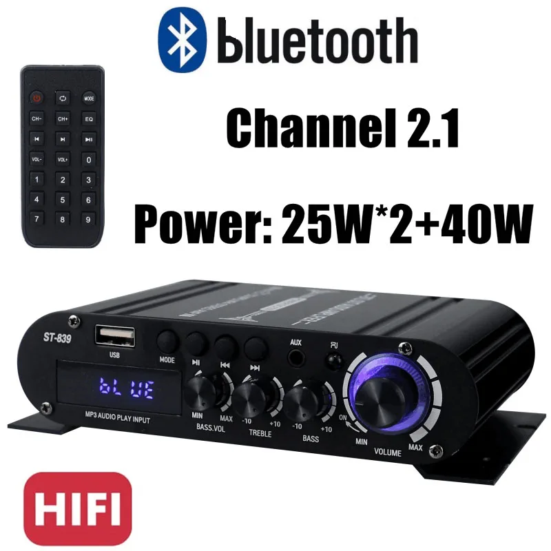 

ST-839 HiFi 2,1-канальный усилитель мощности 25 Вт * 2 + 40 Вт усилитель сабвуфера звуковой усилитель регулировки басов и высоких частот бытовой усилитель