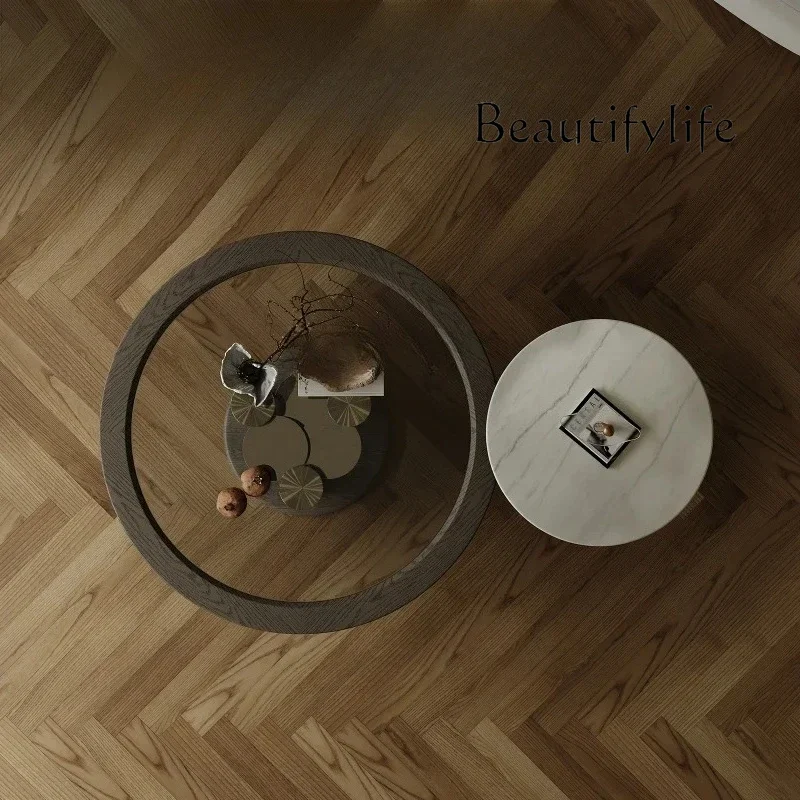 

C Italian Minimalist Round Coffee Table, Solid Wood Ash Wood Glass Marble Living Room Household Small Apartment Designer