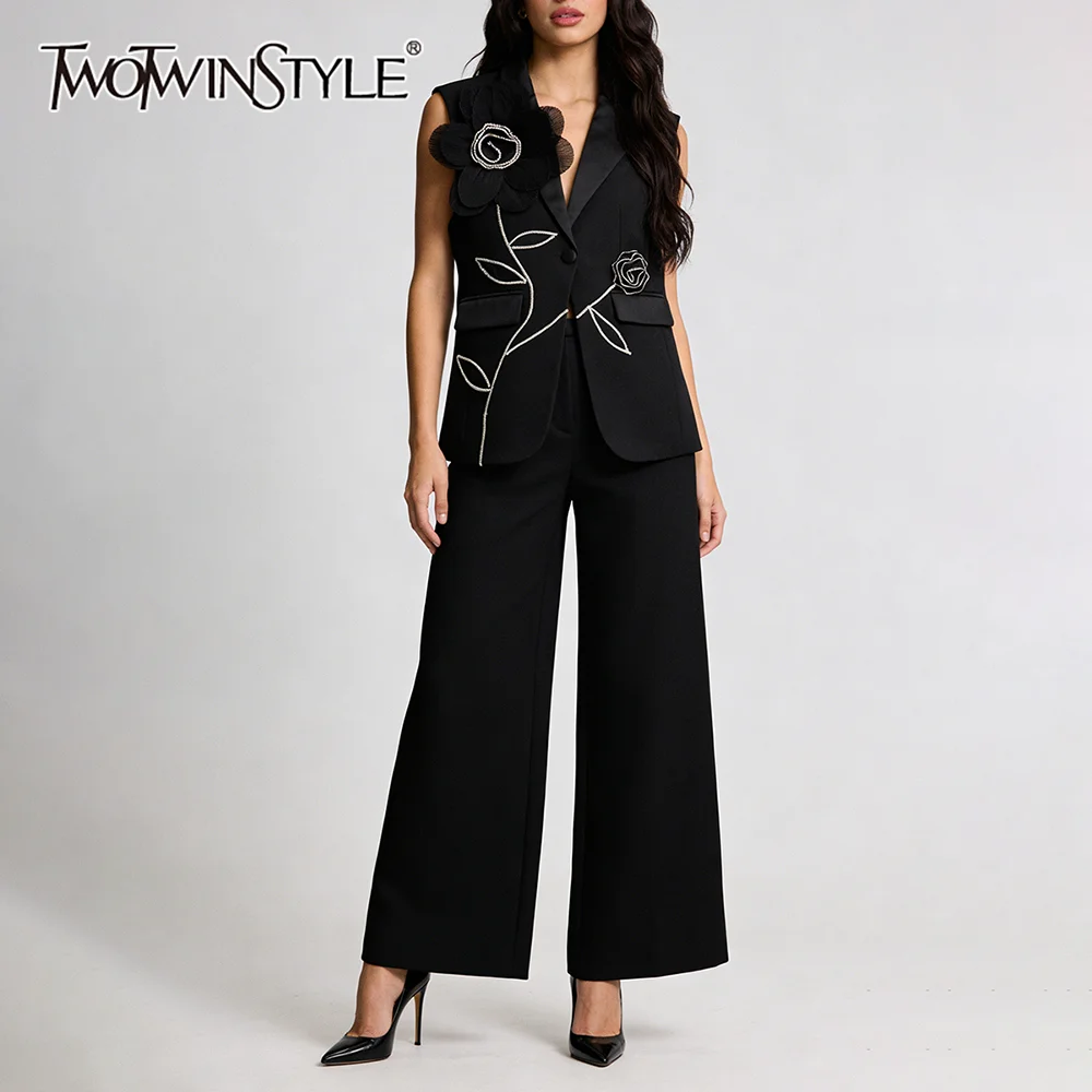 

TWOTWINSTYLE Black Loose Fashion Two Piece Sets for Women Lapel Sleeveless Spliced Appliques Top Wide Leg Pant Set Female New