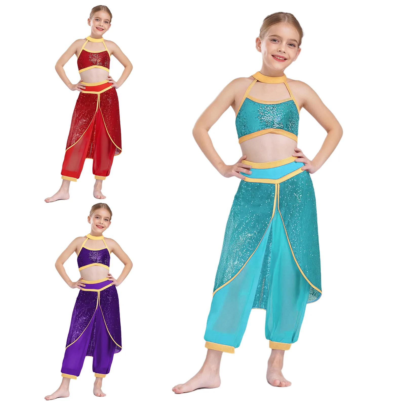 الأطفال الفتيات الياسمين الأميرة العربية ملابس رقص البطن الترتر المحاصيل الأعلى مع تراكب السراويل هالوين كرنفال تأثيري الملابس
