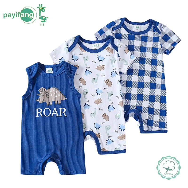 3-Pack Newborn Baby Boy Rompers, Cute Animal Print Short Sleeve Bodysuits, Easy On/Off, Breathable & Comfy, Daily Outfit & Hospital Bag Essentials