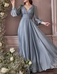A-Line Bridesmaid Dress V Neck Long Sleeve Blue Floor Length Chiffon with Ruching / Solid Color 2024