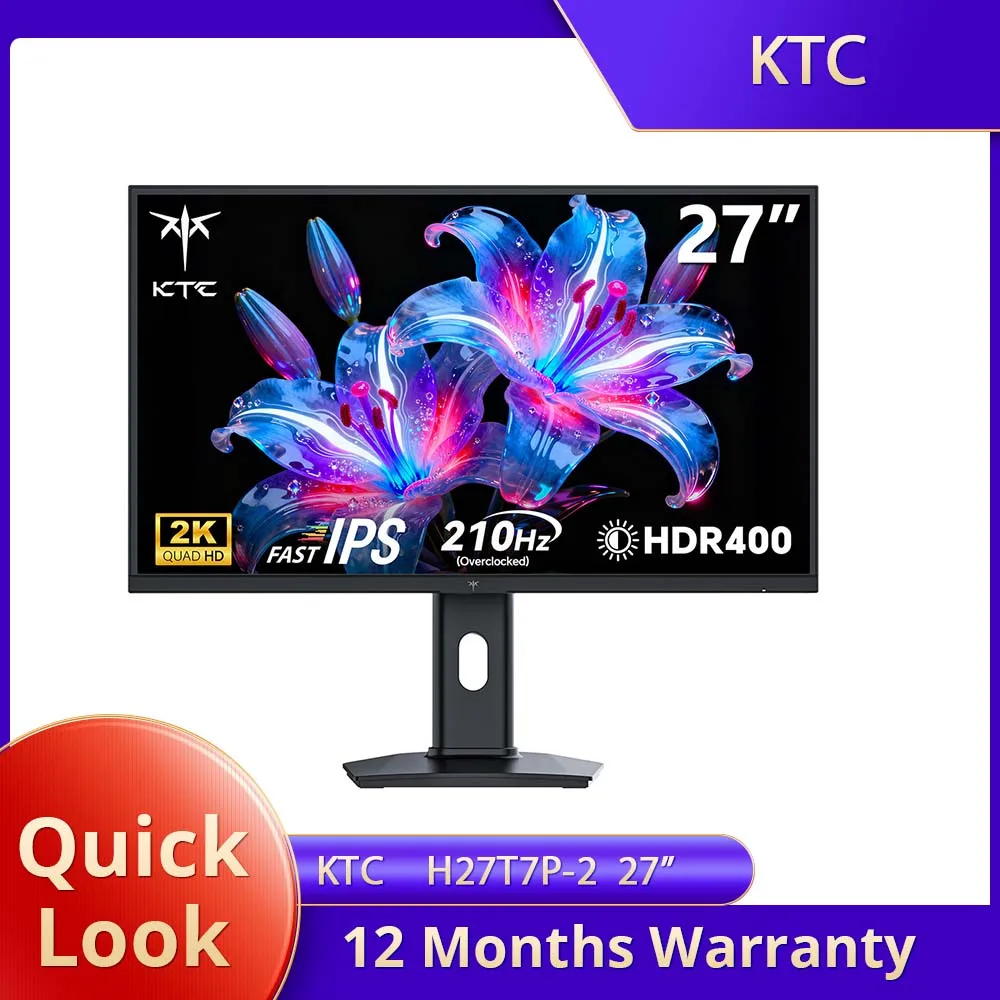 Moniteur de jeu KTC H27T7P-2 27' Fast IPS 2560×1440 QHD 200Hz Overdrive jusqu'à 210Hz, 16:9, ELED, 1,07 milliard de couleurs (8 bits + Hi-FRC), DC12V/4A, luminosité 400 cd/m², HDR400, technologies