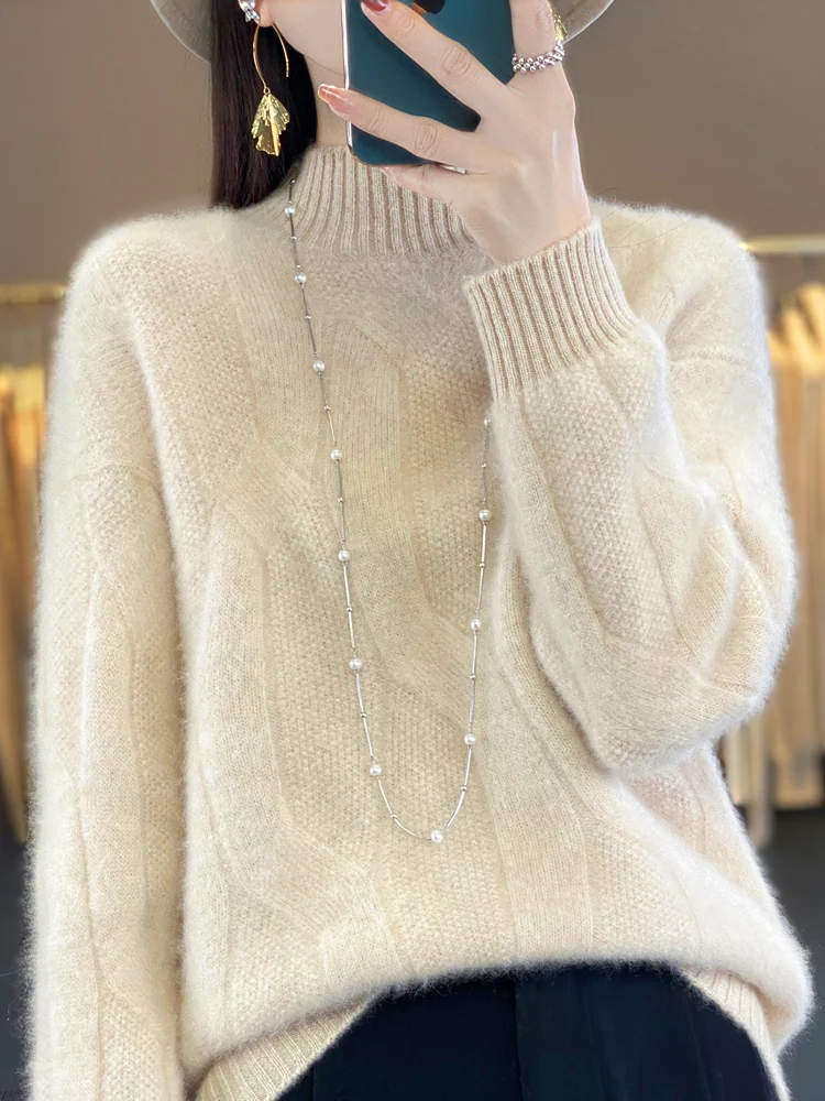 Autumn Winter Thick Women Sweater Twist Flower Mock Neck Pullover 100% Merino Wool Soft Warm Casual Cashmere Knitwear Korean Top