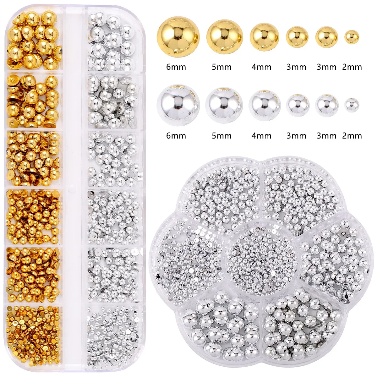 

12Grid/box Gold Silver Half Round Caviar Bead Nail Charms 2/3/4/5/6mm Flatback Round Steel Nail Bead Micro Ball Manicure Bead