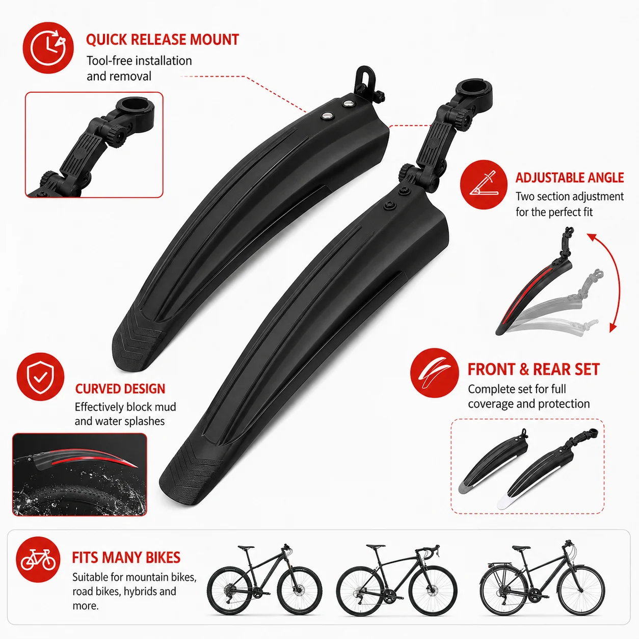PINMOAP 2P Bike Wheel Fender Guard Lightweight Mud Flap Front Back Splash Protector For Mountain Road Bicycle Wet Weather Riding