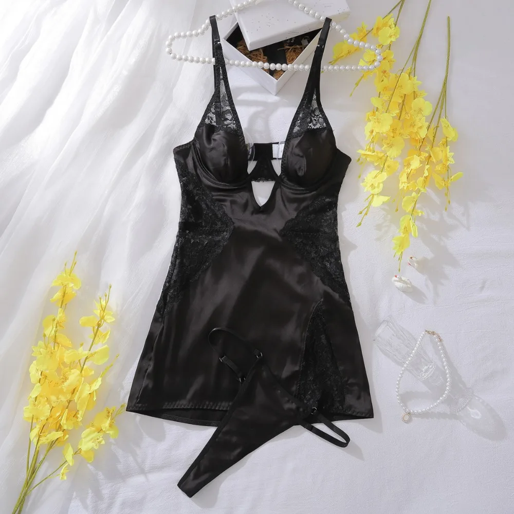 2 Pcs Pajamas and Thongs Set Sexy Hollow Silk Satin Underwear for Women Lace Temptation V-neck Open Fork Tight Sleeping Skirt
