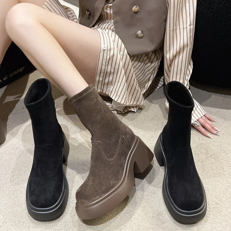 Rock Shoes Woman High Heel Boots Chelsea  Round Toe Stiletto Rubber Autumn Stockings Lolita Mid Calf Ladies Mid-Calf Rome Solid