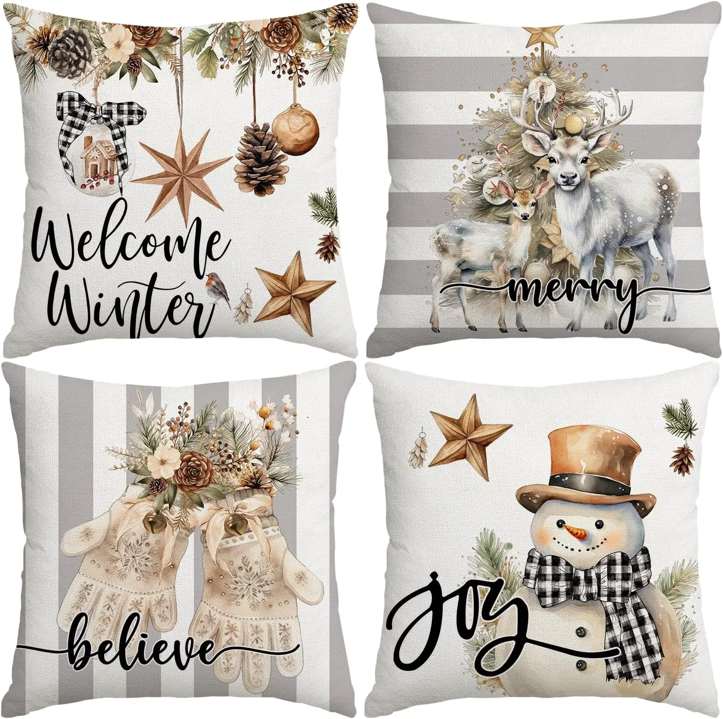 Artmag Christmas Pillow Covers 16x16 inch Set of 4 Snowman Gloves Welcome Winter Grey White Strip Christmas Throw Pillow Covers