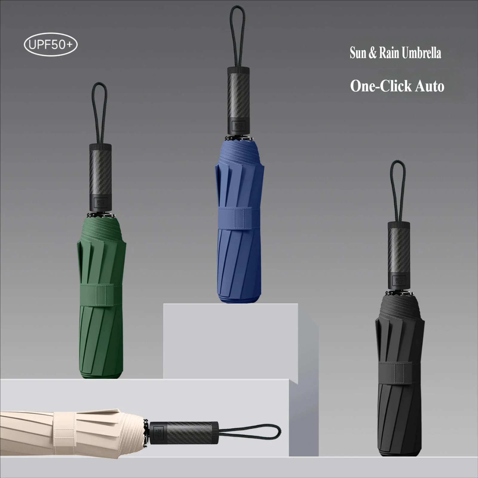 New 10-Rib Automatic Umbrella, Carbon Fiber Handle, Men's Business Folding Umbrella, UV Protection, Sun and Rain Dual Use